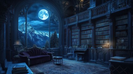 Obraz premium Moonlit library with antique furniture and mountain view. (1)