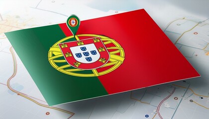 Folded paper map of Portugal with flag pin of Portugal.