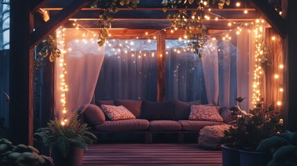 A cozy spring veranda with fairy lights draped over a digital pic