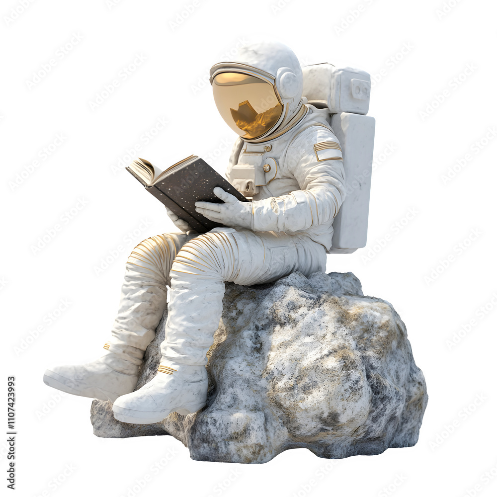 Poster Astronaut in white suit reads peacefully in space, evoking curiosity and wonder. The transparent background adds solitude and tranquility, inviting viewers to imagine exploration beyond