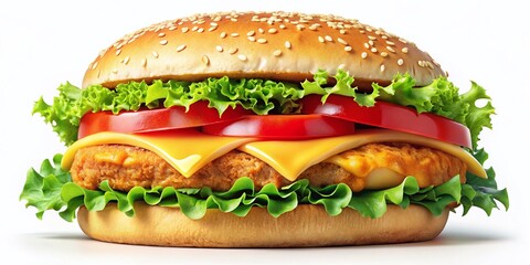 An enticing urban photography clipart featuring a delectable chicken burger on a bright white backdrop, ideal for culinary enthusiasts, fast food lovers, and aspiring chefs seeking vibrant visuals.