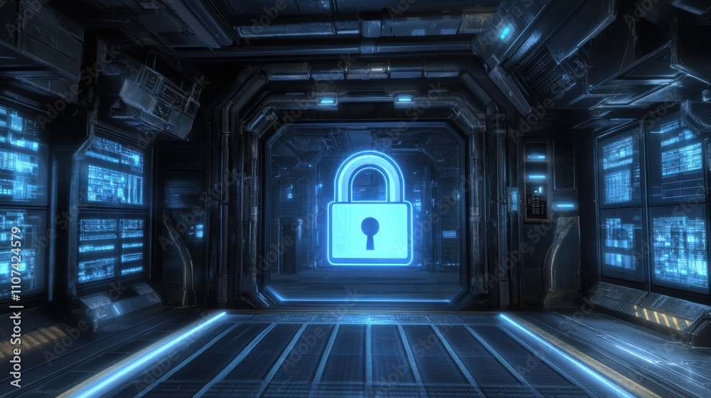 Aufkleber futuristic security room with digital lock icon and advanced technology interface in a high-tech env