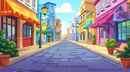 Fototapeta premium A Cobblestone Street Lined with Colorful Buildings and Shops