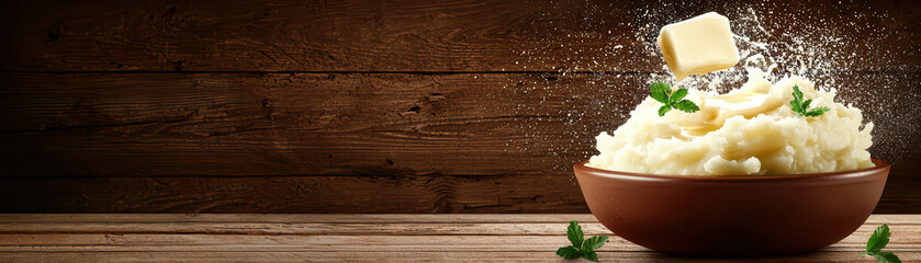 Creamy mashed potatoes topped with butter and fresh herbs in rustic bowl, evoking comfort and warmth. Perfect for any meal or gathering