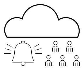 Cloud with notification bell signaling alert to six user icons. Ideal for connectivity, communication, cloud computing, security, notifications, user interaction, digital infrastructure. Line