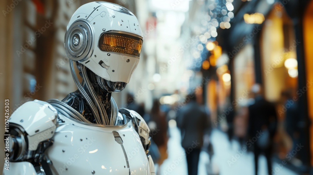 Poster A futuristic ai robot stands in a lively shopping area, attracting curious passersby.