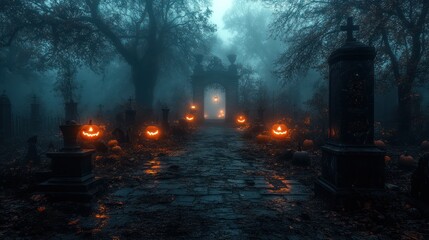 Foggy Halloween graveyard path with jack-o'-lanterns.