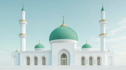 Obraz premium The green dome of the lowered iwan and two minarets, white walls with gold decoration, in the style of photorealism