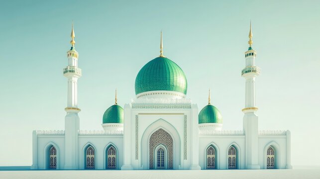 The green dome of the lowered iwan and two minarets, white walls with gold decoration, in the style of photorealism