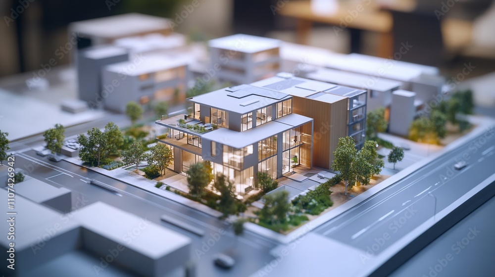 Aufkleber This detailed architectural model features a contemporary real estate design with multiple buildings and green spaces.
