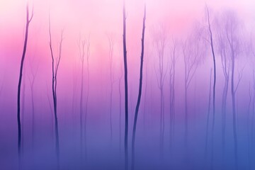 Obraz premium Ethereal Misty Forest Landscape at Dawn with Silhouetted Trees Against a Soft Colorful Sky Blending Pink and Purple Hues in a Serene Atmosphere