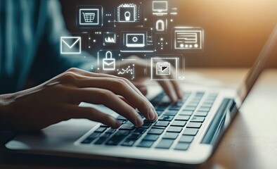 A person types on a laptop with icons emerging from the screen