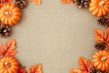 Fototapeta premium Festive Autumn Background Featuring Vibrant Pumpkins, Colorful Fall Leaves, and Rustic Pine Cones on a Warm Textured Fabric Surface for Seasonal Celebrations