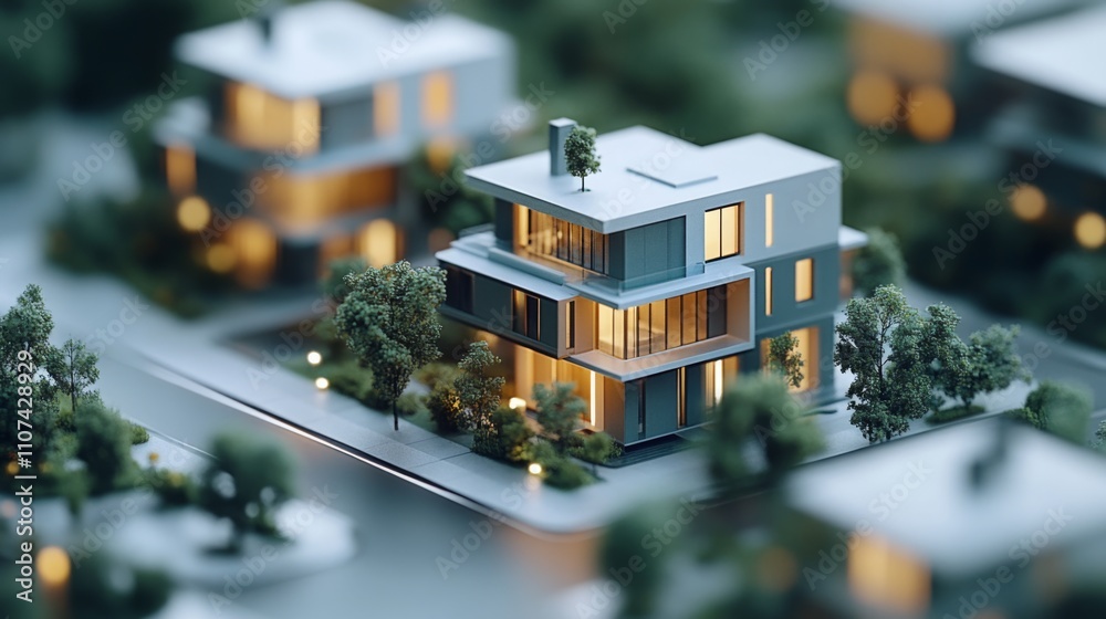 Poster Modern houses are showcased in a residential neighborhood with warm lights illuminating their sleek designs. Lush trees and walkways create an inviting atmosphere in the evening.