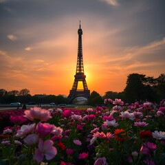 Eiffel Tower at Sunrise with Flower Garden