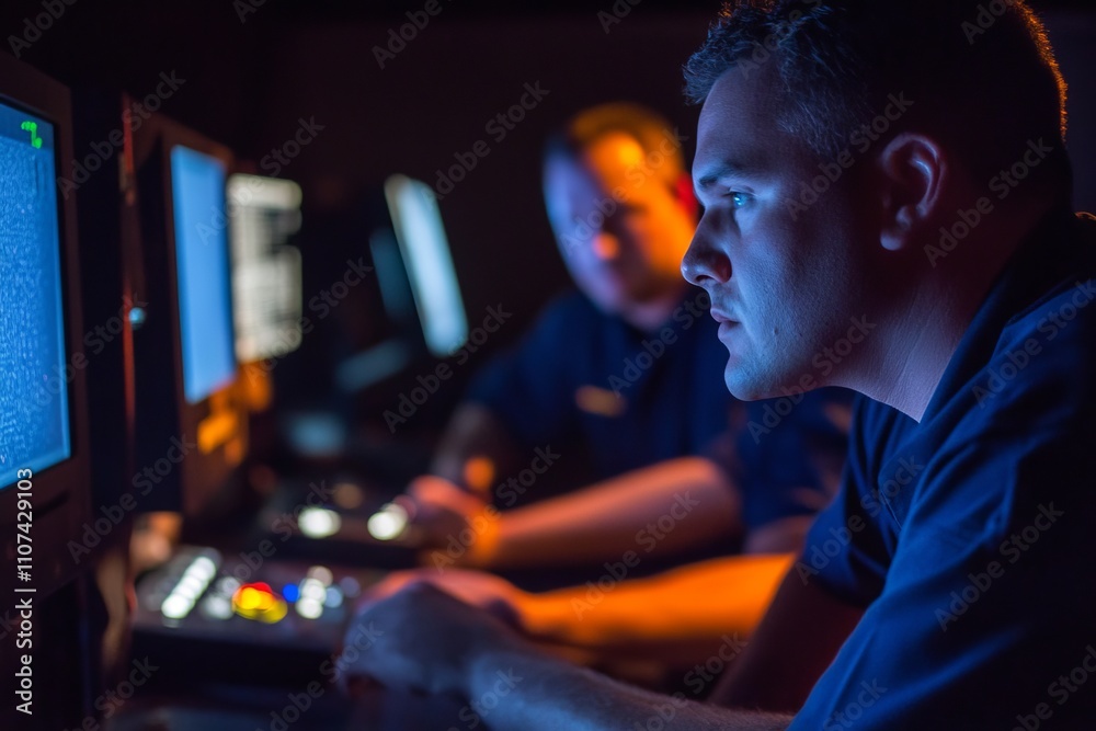 Poster focused male professionals working on computers in a dimly lit environment, analyzing data with inte