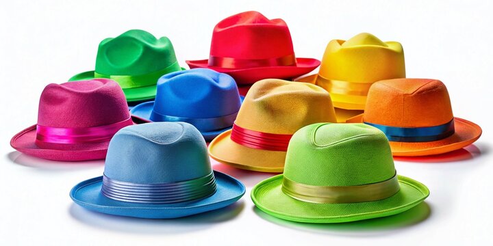 Brightly colored hats represent distinct problem-solving frameworks and ideation methods, creatively embodied in fashion photography clipart that inspires fresh perspectives and innovative ideas.