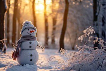 Fototapeta premium Snowman in Snowy Forest with Sunlight Breaking Through Trees