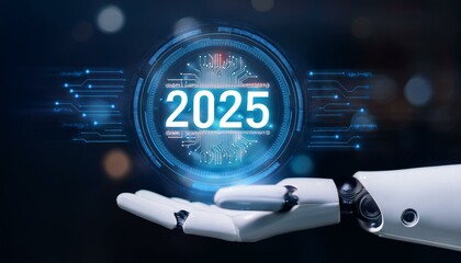 Robotics hand holding or showing on the year 2025 to welcome new technology - new year concet