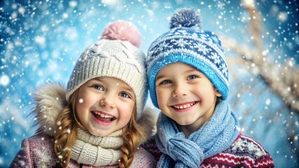 Smiling kids wearing in winter clothing playing in snow and having fun in winter landscape