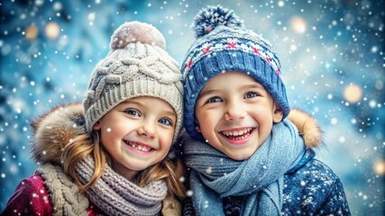 Smiling kids wearing in winter clothing playing in snow and having fun in winter landscape