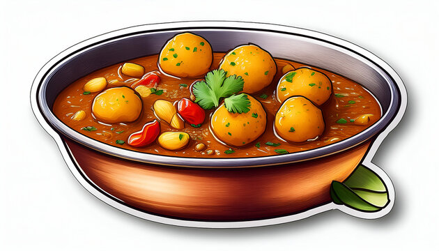 illustration A sticker of Indian food. Dum aloo isolated. on white background