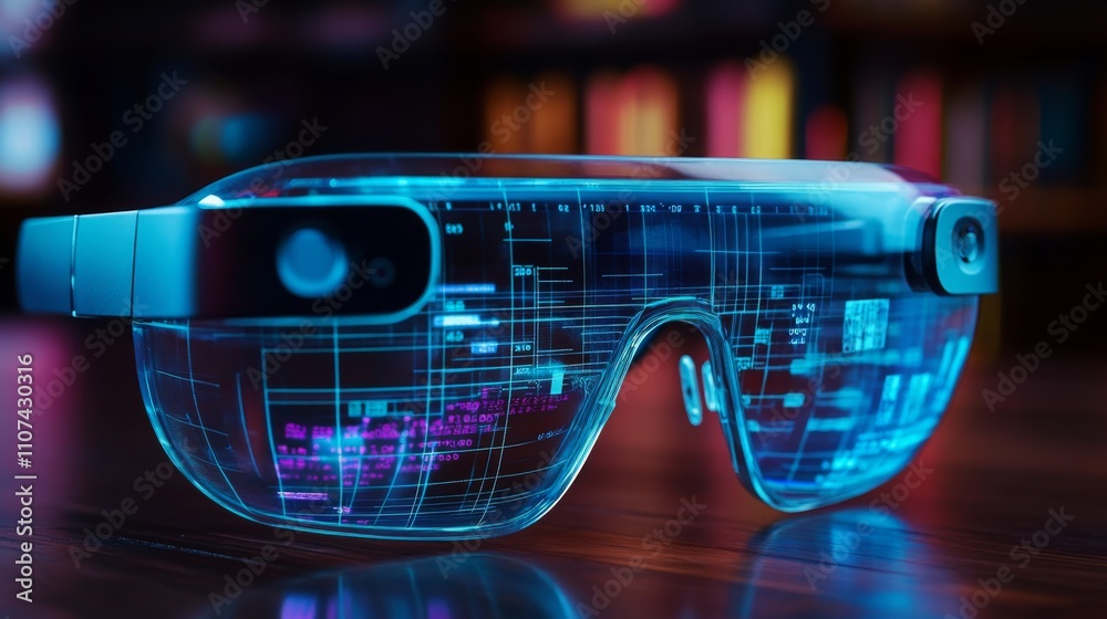Poster Smart glasses equipped with cutting-edge AI technology display interactive data overlays in real estate.