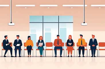Fototapeta premium Flat illustration Group of people waiting in a room. This image is perfect for illustrating topics like waiting, queue, office, or meeting.