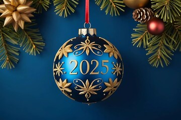 A chic 2025 Christmas ornament adorned with elegant gold accents on a striking vibrant blue background. Ideal for adding a festive touch to holiday celebrations and spreading seasonal cheer!