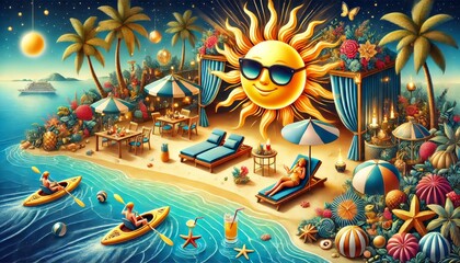A conceptual illustration representing a sunny vacation and holiday theme.