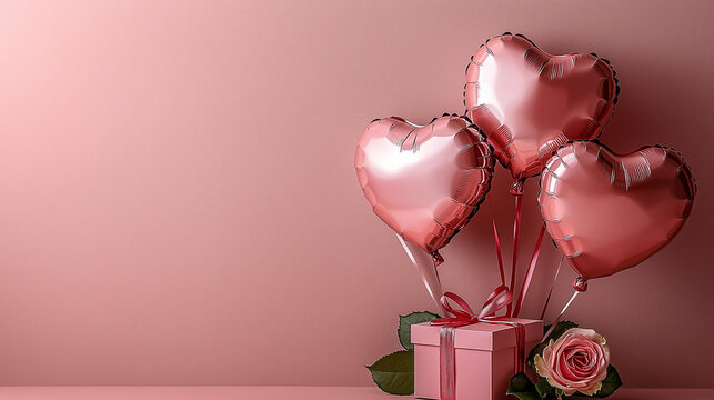 Love is in the Air: A trio of delicate rose gold heart-shaped balloons float above a beautifully wrapped pink gift and a single pink rose.