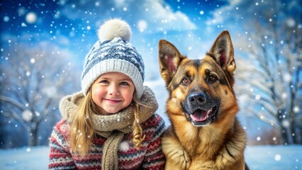 Fototapeta premium portrait of happy girl with dog, child wearing in winter clothing smiles with a cute german shepherd dog in a snowy outdoor park with snowflakes falling around
