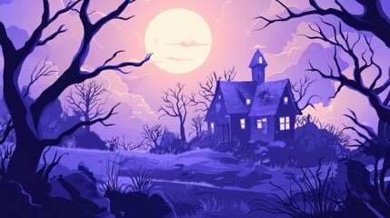 Fototapeta premium A Haunted House Silhouetted Against a Full Moon and Purple Sky