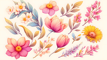 Pastel floral illustrations of spring blossoms, seasonal beauty