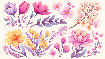Obraz premium Floral springtime set with pastel hues, intricate hand-drawn details
