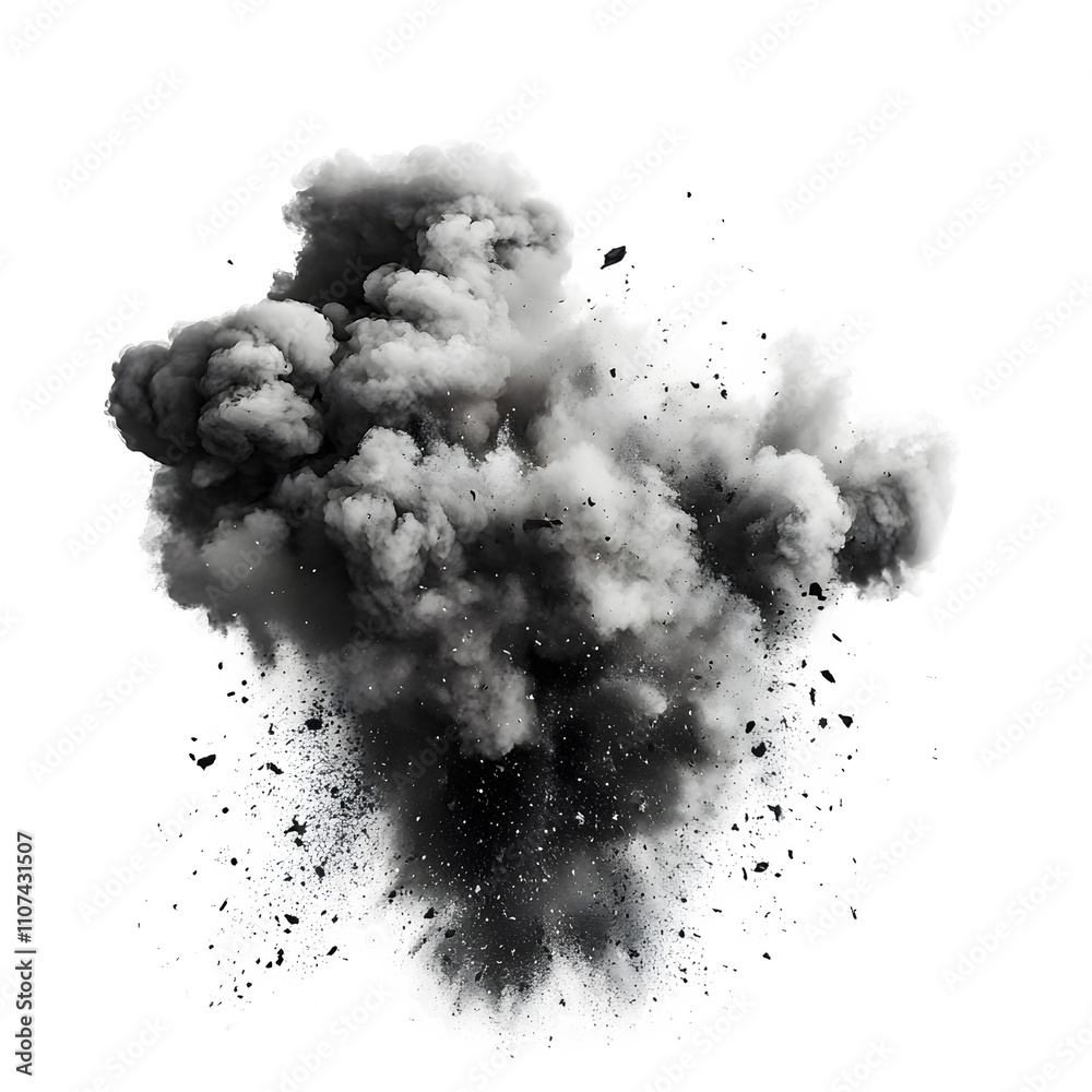 Poster explosive blast generating a dense smoke cloud and debris spread, on a clear backdrop, perfect for v