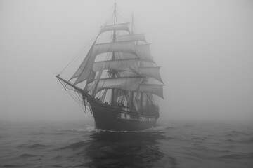 Obraz premium A sailing ship is sailing at full speed in the fog at sea