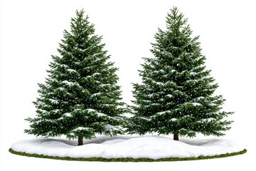 Fototapeta premium Two evergreen trees covered in snow on white isolated background create serene winter scene. lush green foliage contrasts beautifully with white snow, evoking peaceful atmosphere