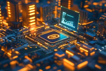 Futuristic Close-Up of a High-Tech Microchip with Neon Glowing Elements and Digital Graphs Representing Data Processing in a Modern Circuit Board Environment
