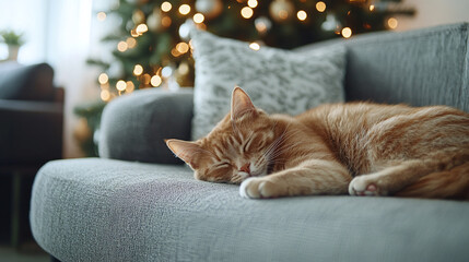 A cute cat sleeps on a sofa against the backdrop of a decorated Christmas tree on a winter day