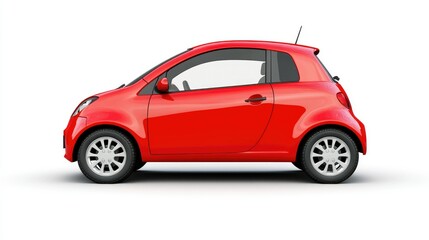 Obraz premium A side view of a compact red car on a white background, showcasing its design and features.