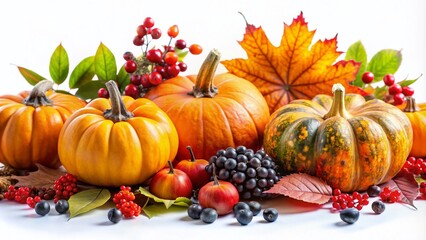 Capture the essence of Thanksgiving and Halloween with macro photography showcasing festive autumn decor, including pumpkins, berries, and leaves, all beautifully set on a white background.