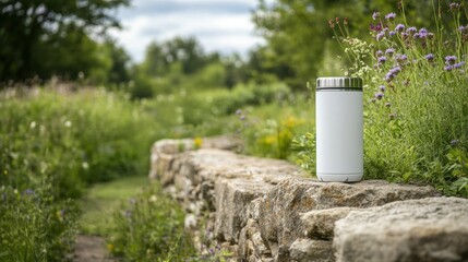 White Tumbler on Stone Wall.