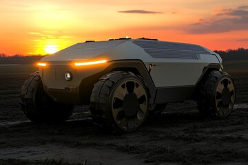 Obraz premium Futuristic Robotic Vehicle in Agricultural Field at Sunset with Solar Panel, Innovative Design, Modern Farming Concepts, and Advanced Technology