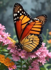 Obraz premium Close-up of vibrant monarch butterfly on blooming flowers, macro photography, garden, insect