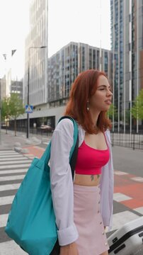 A Fashionable Young Woman Striding Confidently Through an Urban Environment and Setting
