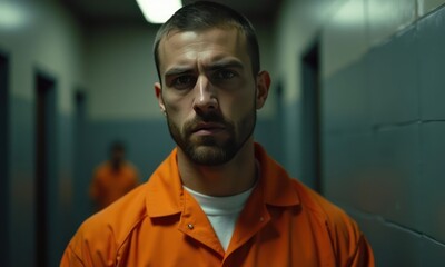 Obraz premium Man prisoner in prison in an orange shirt. He looks sadly and wistfully at the camera