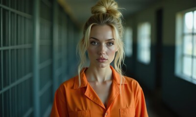 Female prisoner in prison in an orange shirt. She looks sadly and wistfully at the camera