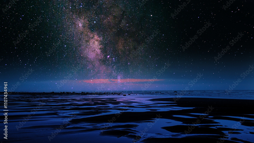 Wall mural hd galaxy wallpaper for desktop, blue ocean with rock under a starry night sky, 3d illustration of u