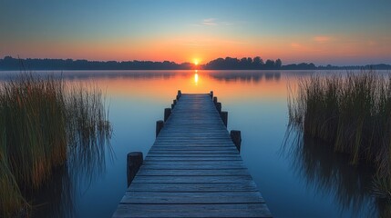 Fototapeta premium A peaceful sunset over a quiet lake, smooth water reflections, pastel-colored sky, nature's serenity,